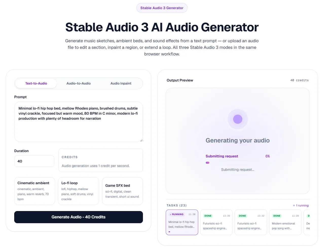 Stable Audio 3 AI audio generator interface generating a track from a text prompt in the browser