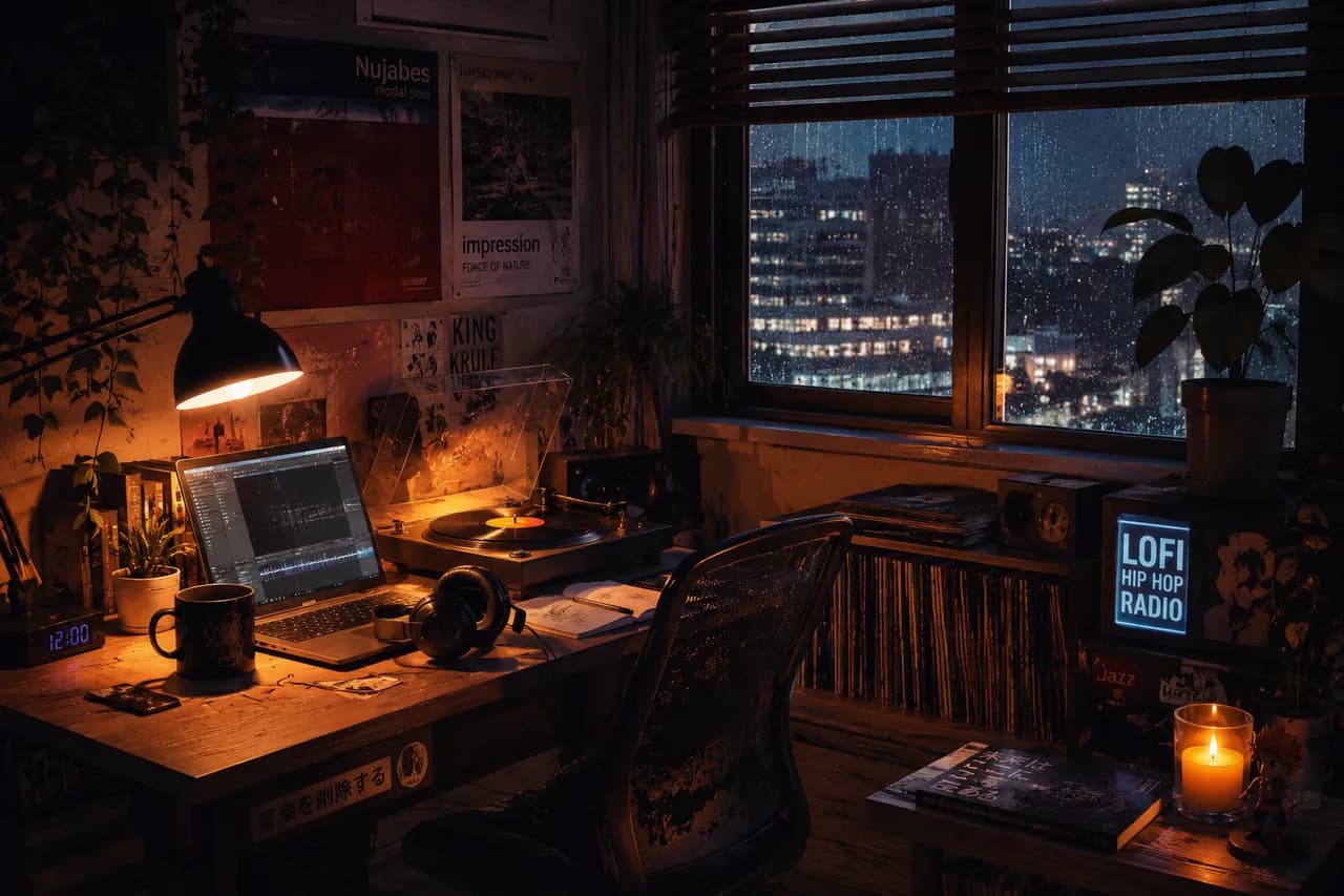 Illustration of a Stable Audio 3 lo-fi study music generation: warm-lit room with vinyl crackle and jazz piano motif