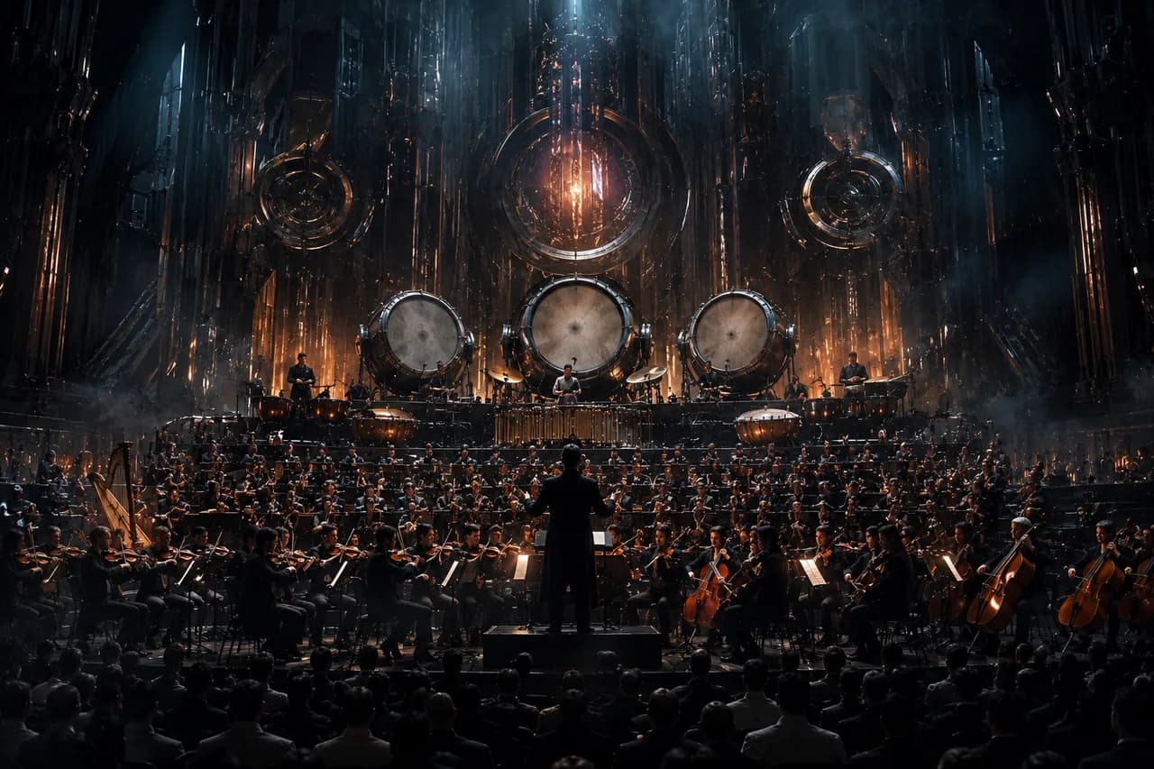 Illustration of a Stable Audio 3 cinematic trailer scene: deep percussion, orchestral strings, brass, and dark tension buildup