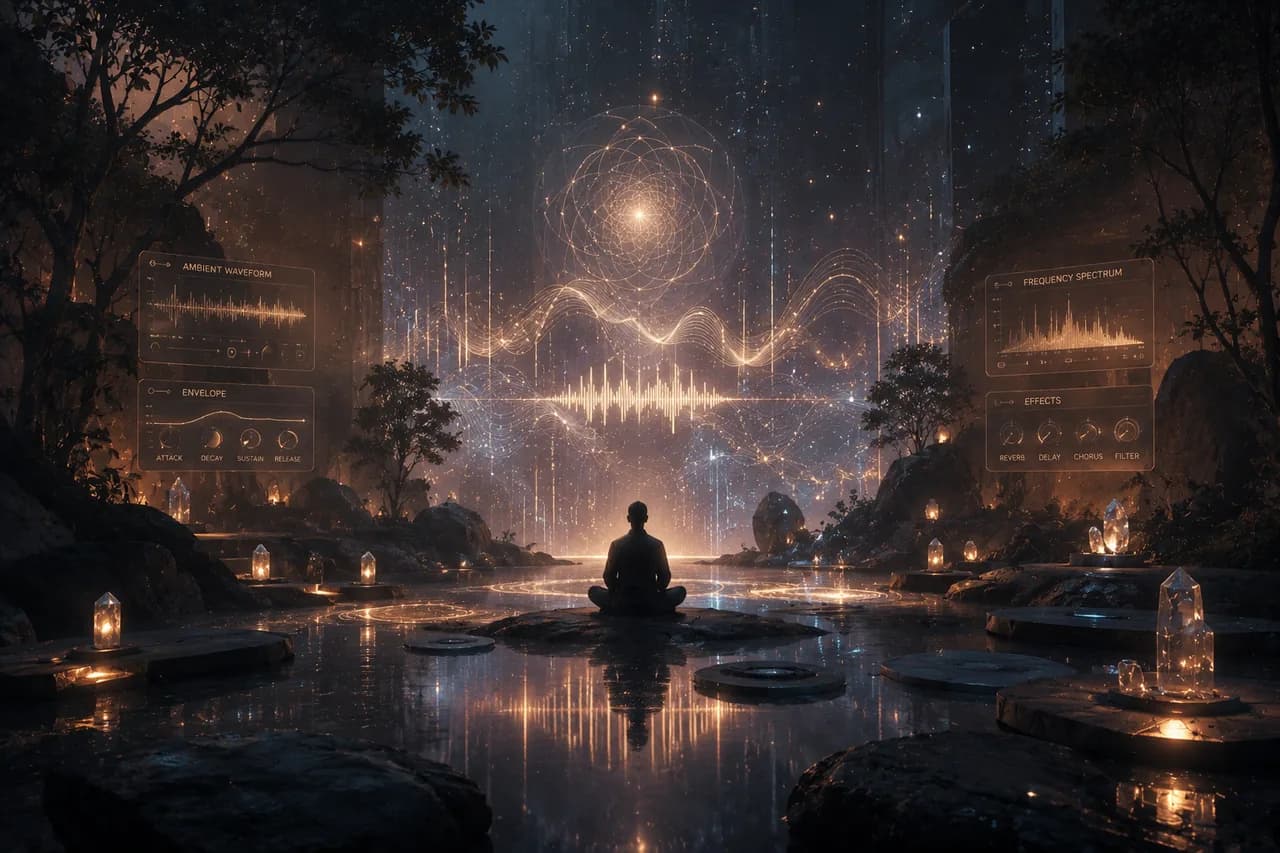 Illustration of a Stable Audio 3 ambient meditation scene with soft synth pads, distant chimes, and calming reverb