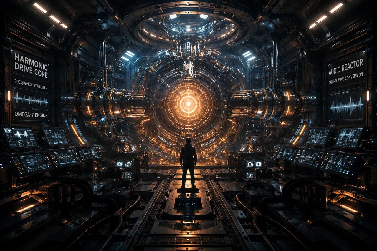 Illustration of a Stable Audio 3 sci-fi spaceship engine startup with mechanical servos and metallic resonance