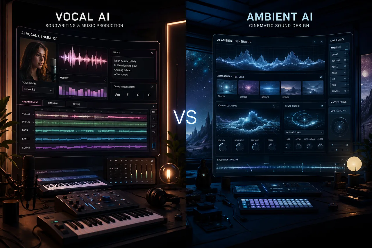 Stable Audio 3 vs ACE-Step split illustration — structured composition and movement vs ambient immersion and sound design