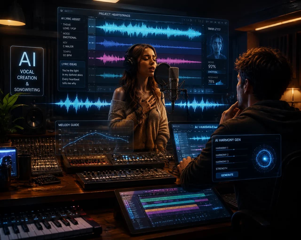Illustration of Suno AI as a commercial AI songwriter producing complete songs with vocals and structure