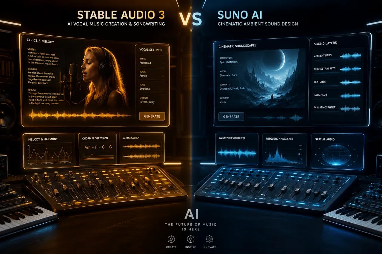 Stable Audio 3 vs Suno AI split illustration — vocal music creation and songwriting on one side, cinematic ambient sound design on the other